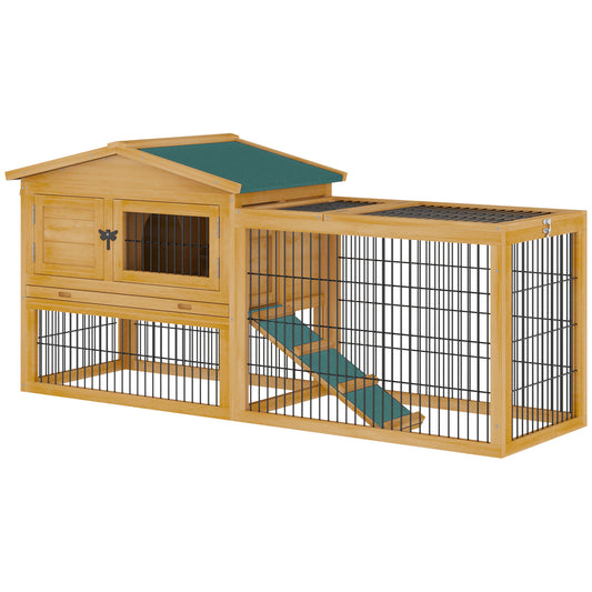 PawHut Rabbit Hutch Outdoor, Wooden Guinea Pig Hutch with Rabbit Run 2 Level Design Water Resistant Openable Roof 150 x 52.5 x 68 cm, Yellow