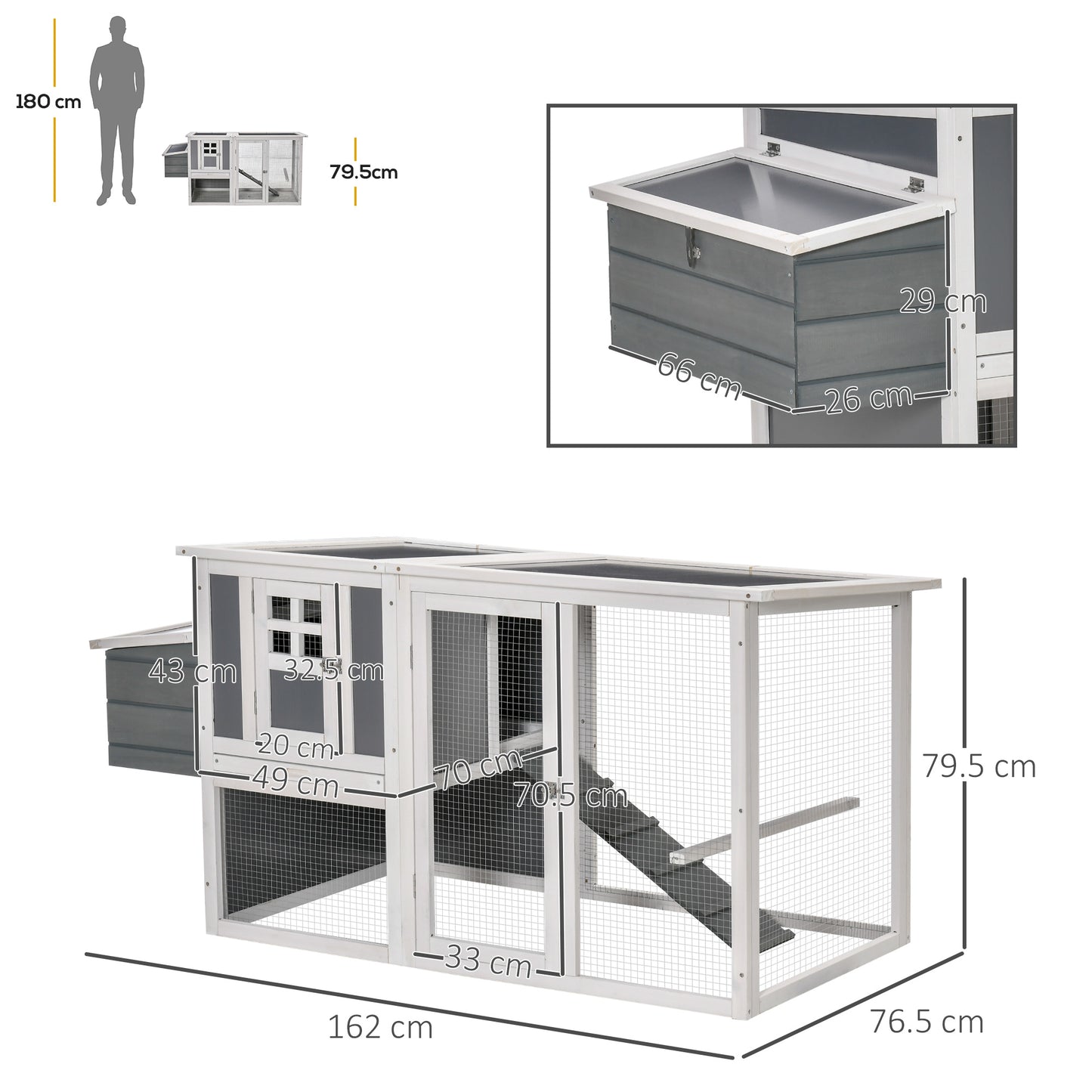 PawHut Deluxe Chicken Coop, Hen House, Wooden Poultry Cage w/ Outdoor Run, Nesting Box, Removable Tray, Openable Hollow Sheet Roof and Lockable Doors, 162 x 76.5 x 79.5cm