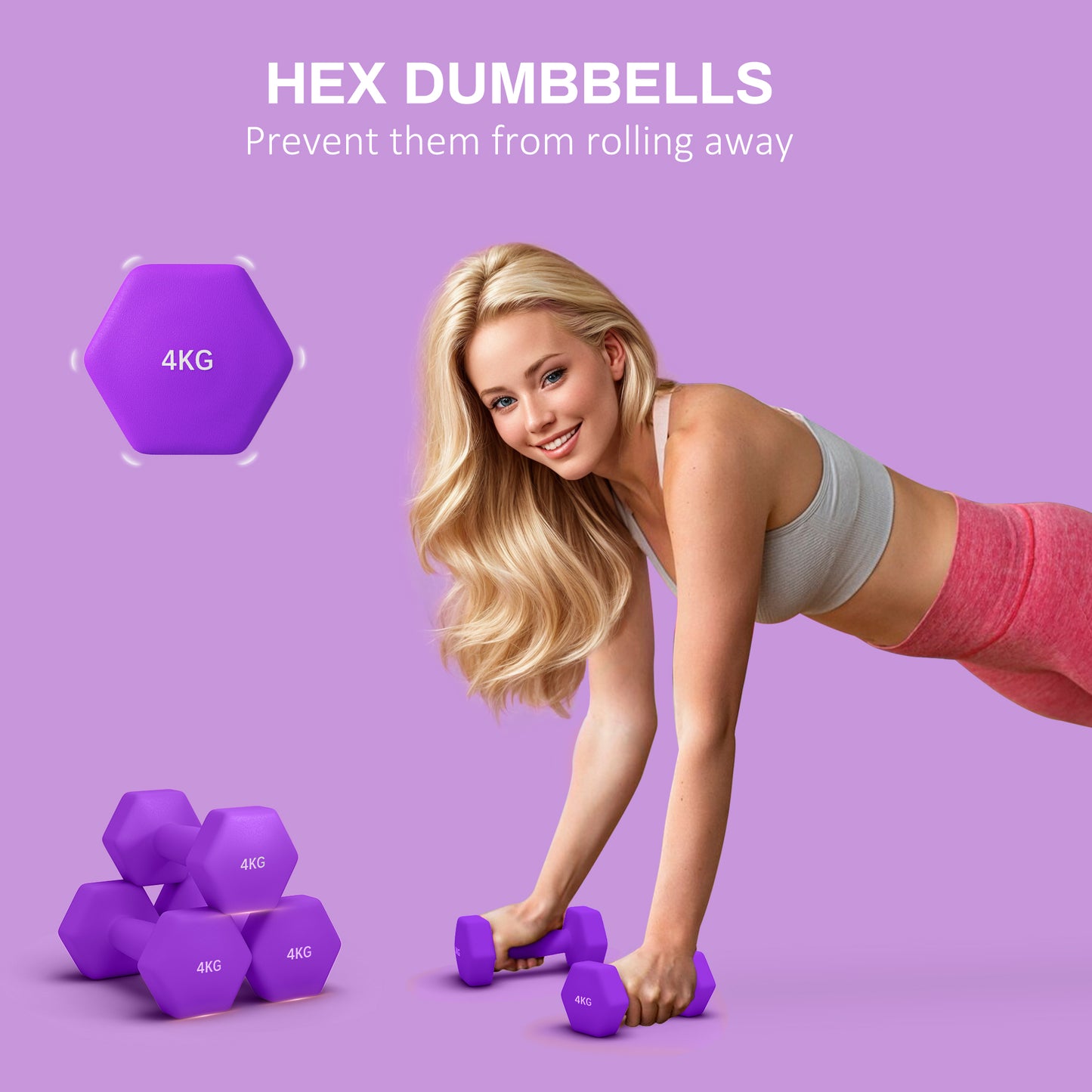 SPORTNOW 2 x 4kg Hexagonal Dumbbells Weights Set with Non-Slip Grip for Home Gym Workout, Purple