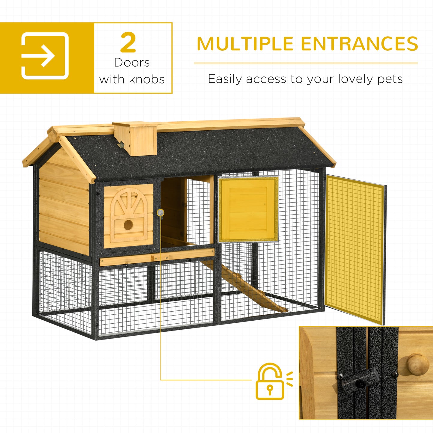 PawHut Outdoor Rabbit Hutch, with Run, Removable Tray, Asphalt Roof, 120 x 55.5 x 80cm