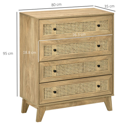 HOMCOM torage Cabinet, 4-Drawer Unit with Rattan Element for Bedroom, Living Room, 80cmx35cmx95cm, Wood Effect