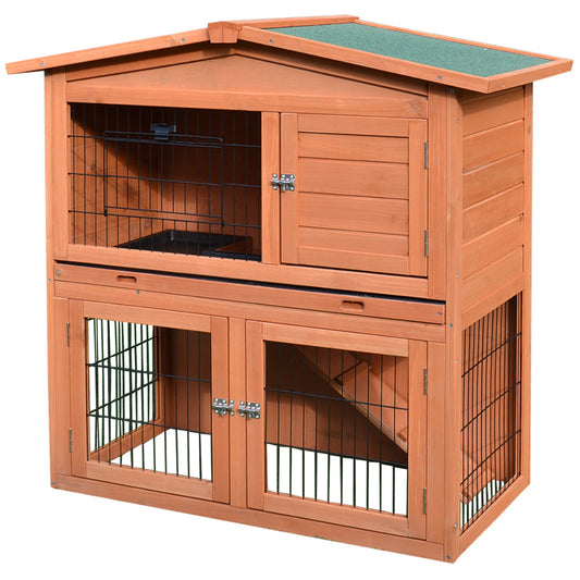 PawHut Rabbit Hutch Outdoor Guinea Pig Hutch 2-Tier Bunny Cage with No-Leak Tray 100.5 x 55 x 101 cm