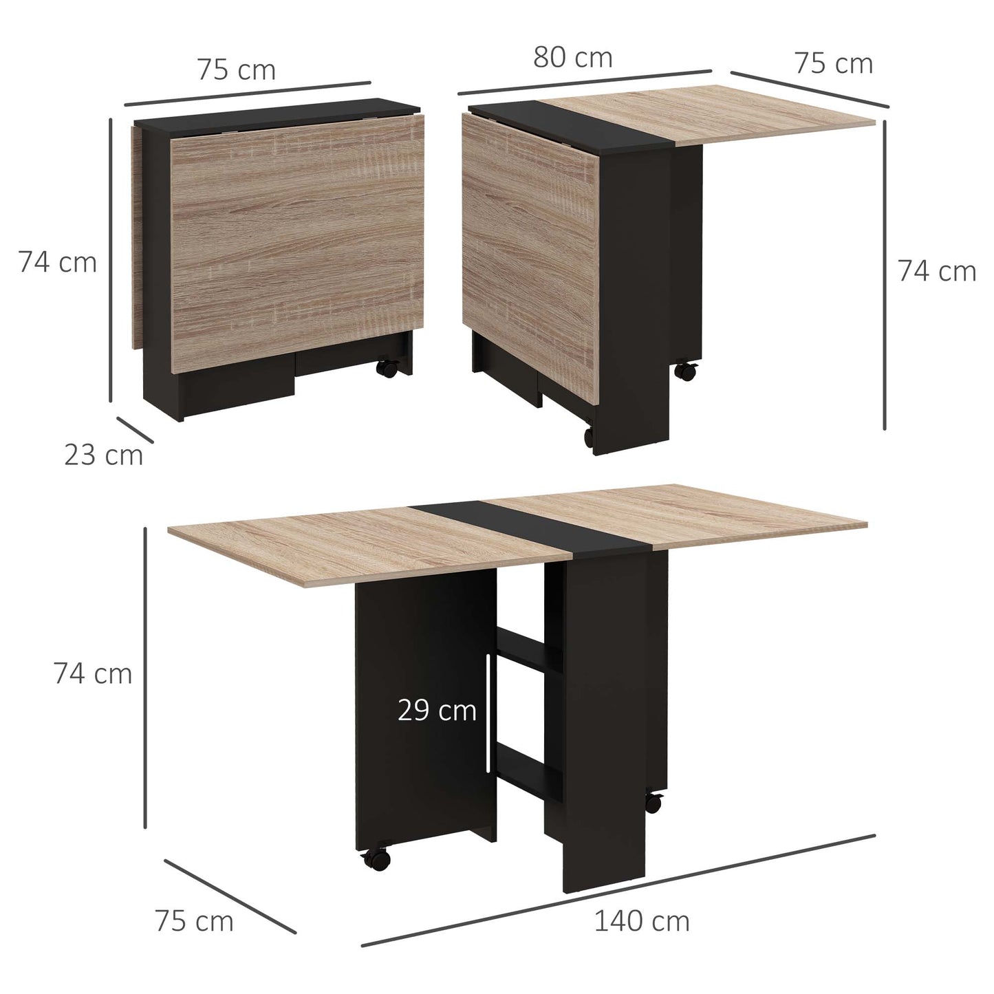 HOMCOM olding Dining Table, Drop Leaf Table for Small Spaces with 2-tier Shelves, Small Kitchen Table with Rolling Casters, Oak and Black