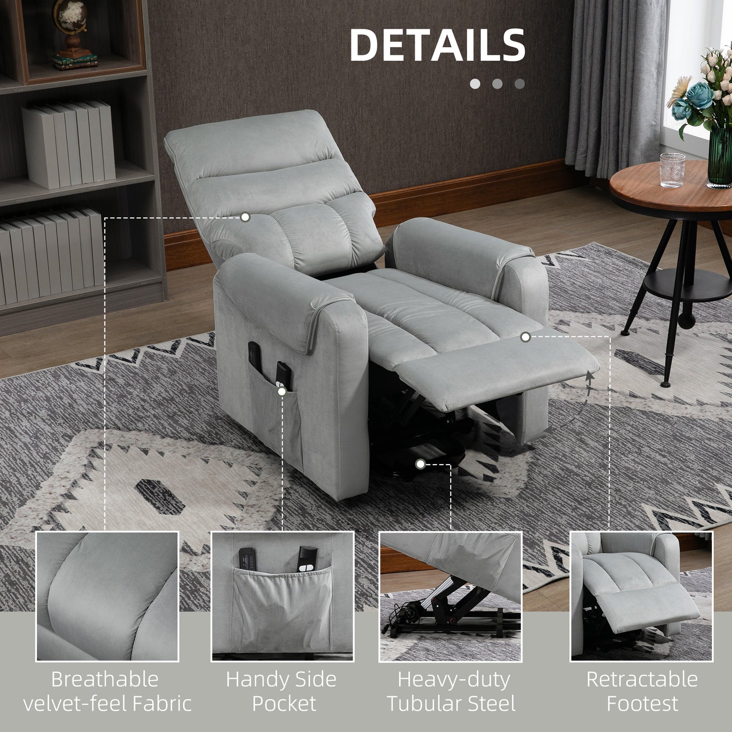 HOMCOM ibration Massage Rise and Recliner Chair, Electric Power Lift Recliner with Remote Control and Side Pockets, Grey