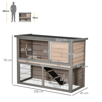 PawHut 2 Tier Wooden Rabbit Hutch Guinea Pig House Bunny Cage Backyard w/ Ramp Outdoor Run Built-in Tray Openable Roof Small Animal House Brown, 108 x 45 x 78 cm