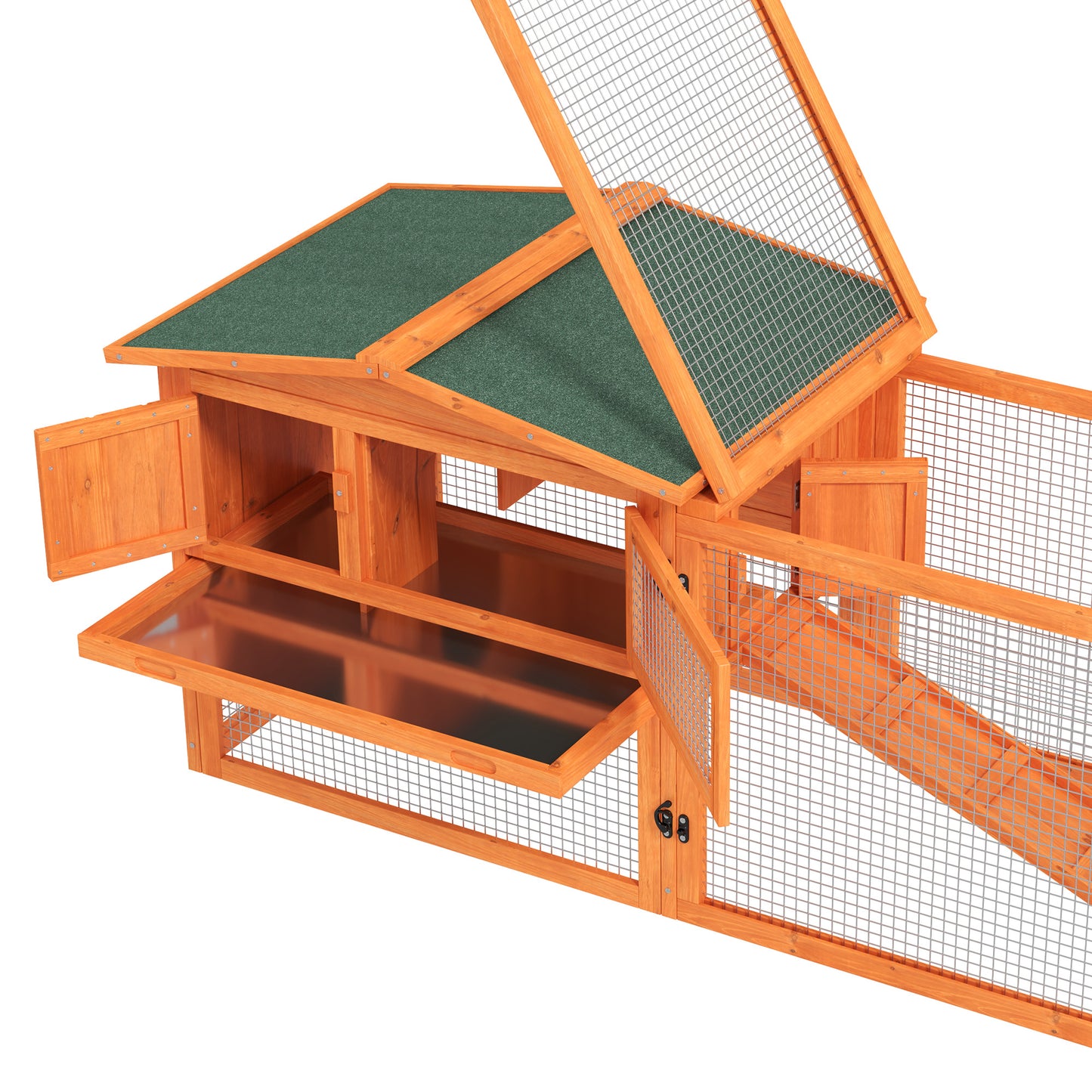 PawHut Rabbit Hutch with Run Wooden Guinea Pig Hutch Outdoor Bunny Cage Hide House with Sliding Tray, Hay Rack, Ramp, 156 x 58 x 68cm, Orange