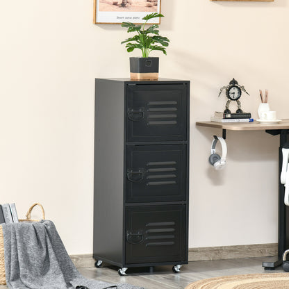 HOMCOM olling Storage Cabinet 3-Tier Mobile File Cabinet with Wheels & Metal Doors for Home Office, Living Room, Black