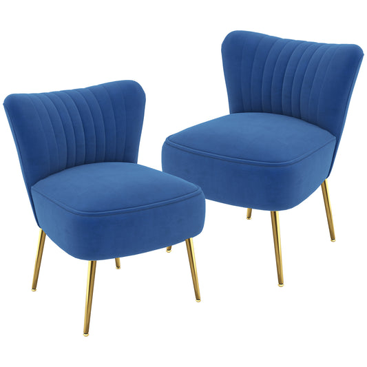 HOMCOM et of 2 Accent Chairs, Upholstered Living Room Chairs with Gold Tone Steel Legs, Wingback Armless Chairs, Dark Blue