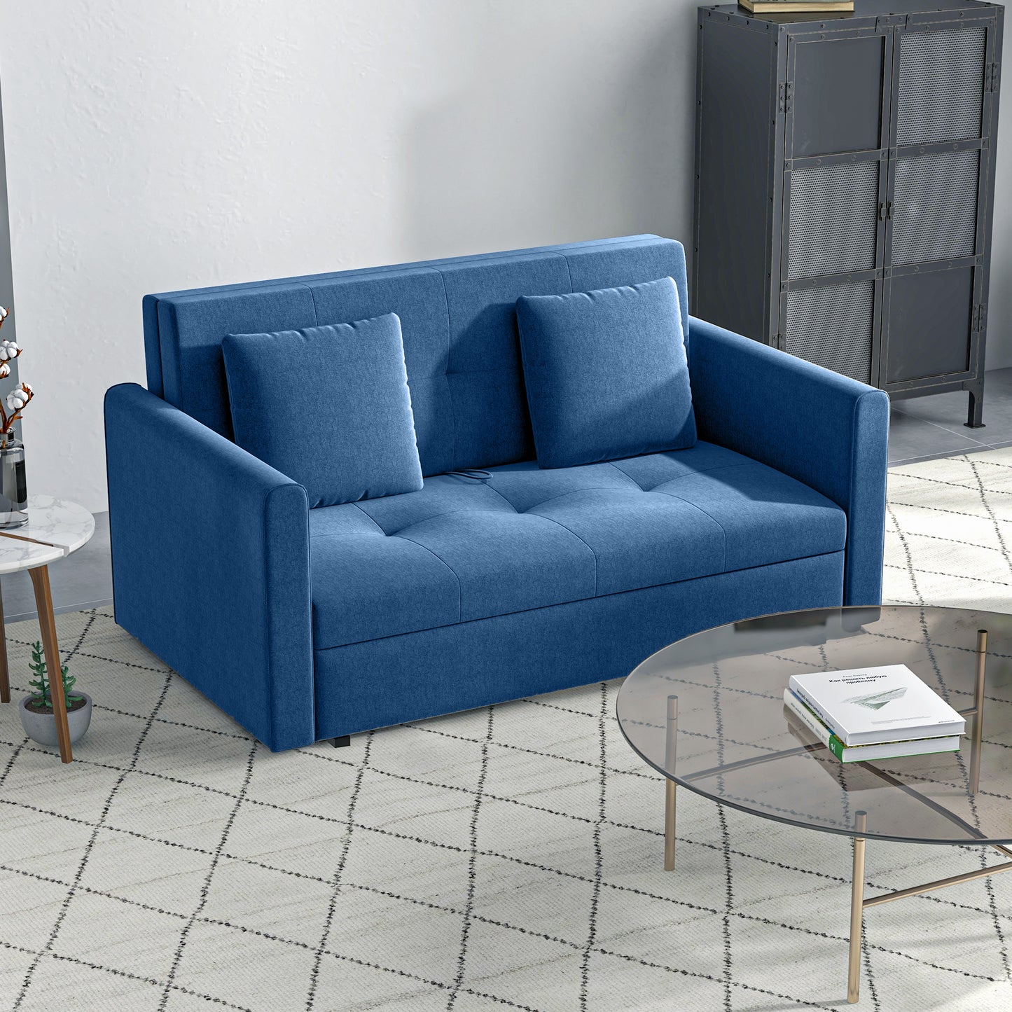 HOMCOM 2 Seater Sofabed, Convertible Bed Settee, Modern Fabric Loveseat Sofa Couch with 2 Cushions, Hidden Storage for Living Room, Guest Room, Deep Blue Fabric