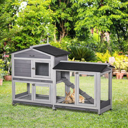 PawHut Wooden Rabbit Hutch, Guinea Pig Cage, with Wheels, Run, Slide-Out Tray, Ramp