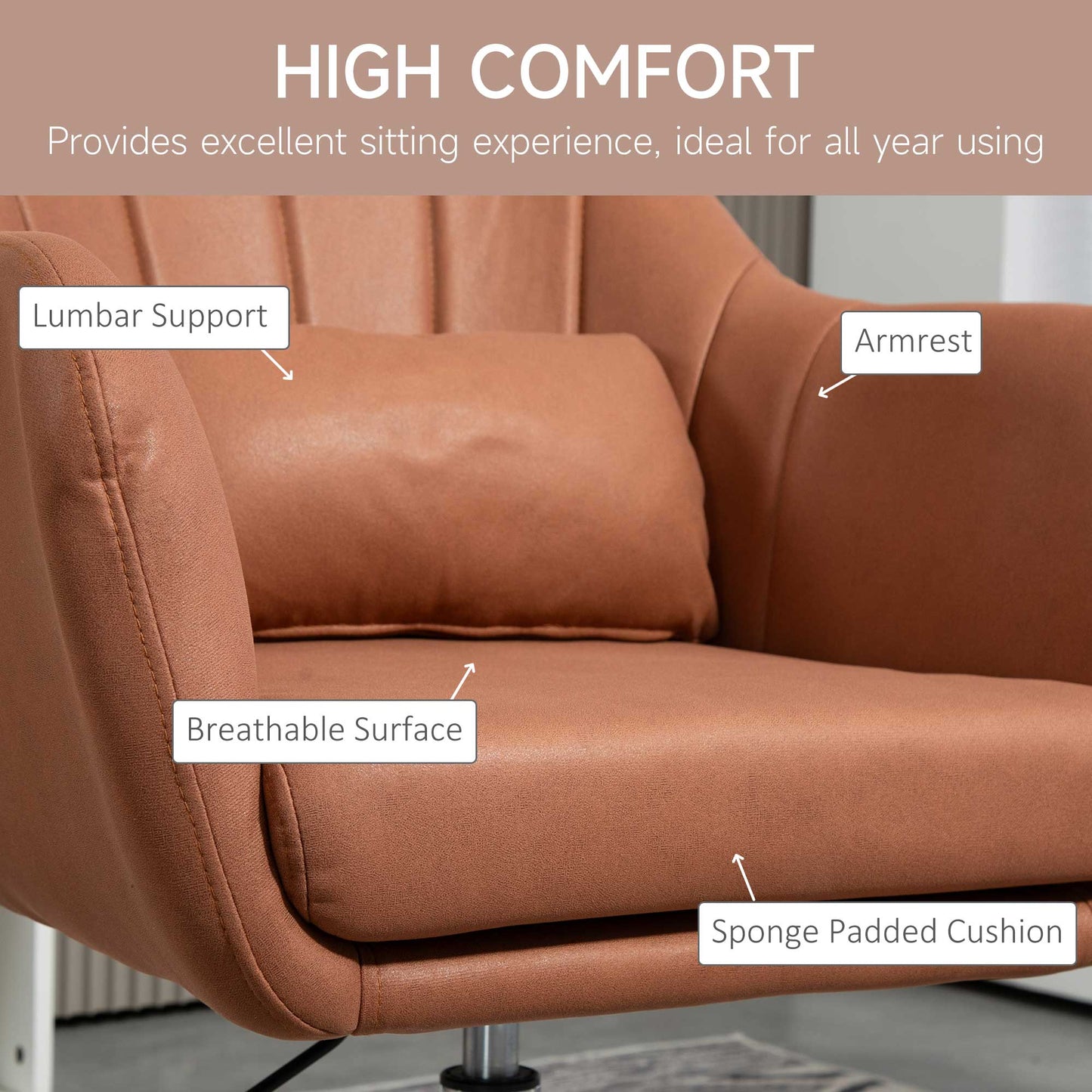 HOMCOM wivel Microfibre Accent Chair for Living Room Contemporary Vanity Armchair with Adjustable Height Thick Cushion Lumbar Support Armrest for Bedroom Office Brown