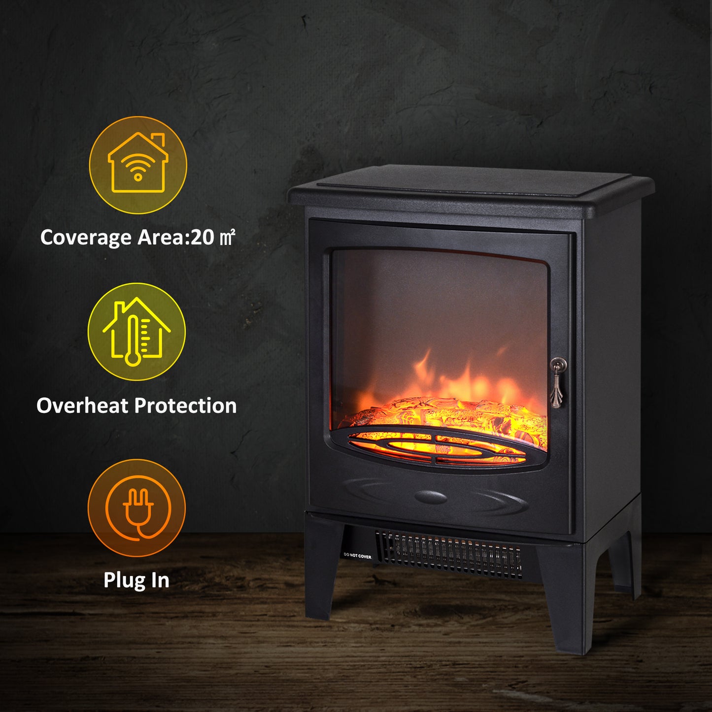 HOMCOM empered Glass Casing Electric Fireplace, Freestanding Electric Fire with Realistic Flame Effect, Electric Log Burner with Overheat Protection, 950w/ 1850W, Black