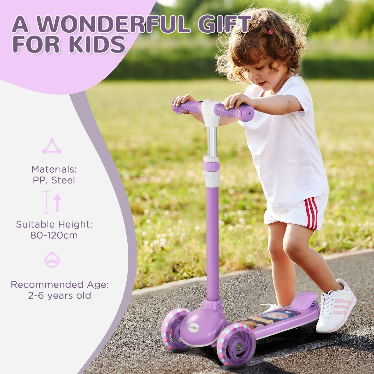 AIYAPLAY Kids 3 Wheel Scooter for 2-6 Years Old w/ Adjustable Height, LED Light, TPE Handlebar, Purple