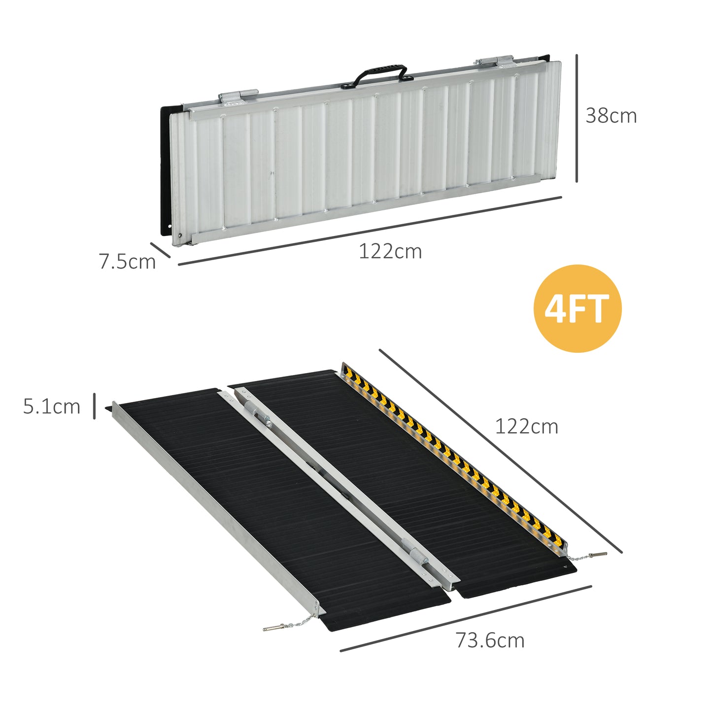 HOMCOM heelchair Ramp, 122L x 73Wcm, 272KG Capacity, Folding Aluminium Threshold Ramp with Non-Skid Surface, Transition Plates Above and Below for Home, Steps, Stairs, Curbs, Doorways