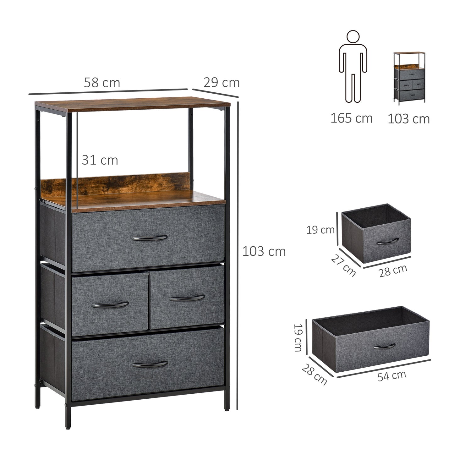 HOMCOM Drawer Storage Chest Unit Home Cabinet w/ Shelves Home Living Room Bedroom Entryway Living Furniture, Black