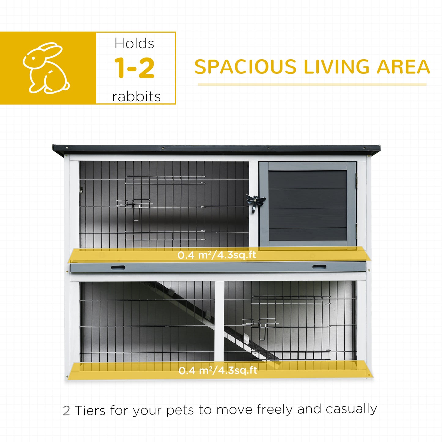 PawHut 2-Tier Wooden Rabbit Hutch Guinea Pig House Bunny Cage Backyard w/ Openable Roof Small Animal House for Outdoor Grey, 108 x 45 x 78 cm