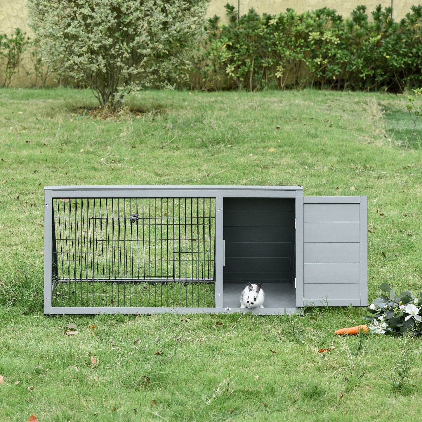 PawHut Wooden Rabbit Hutch Triangle Bunny Ferret Cage Guinea Pig Run Small Animal Hutch Grey 116 x 62.2 x 52.5 cm