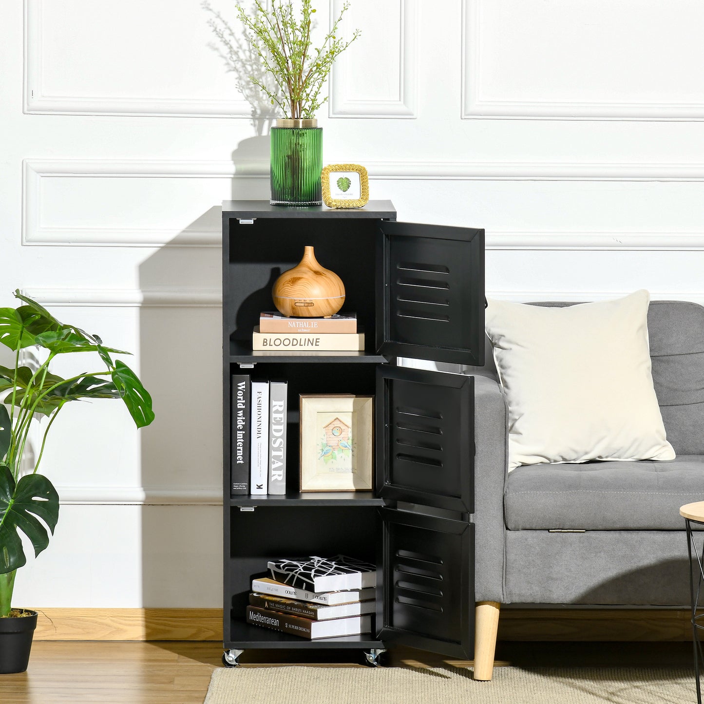 HOMCOM olling Storage Cabinet 3-Tier Mobile File Cabinet with Wheels & Metal Doors for Home Office, Living Room, Black