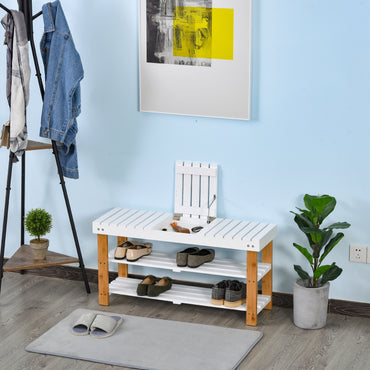 HOMCOM ooden Shoe Bench, with Hidden Storage & Shelves - White & Natural