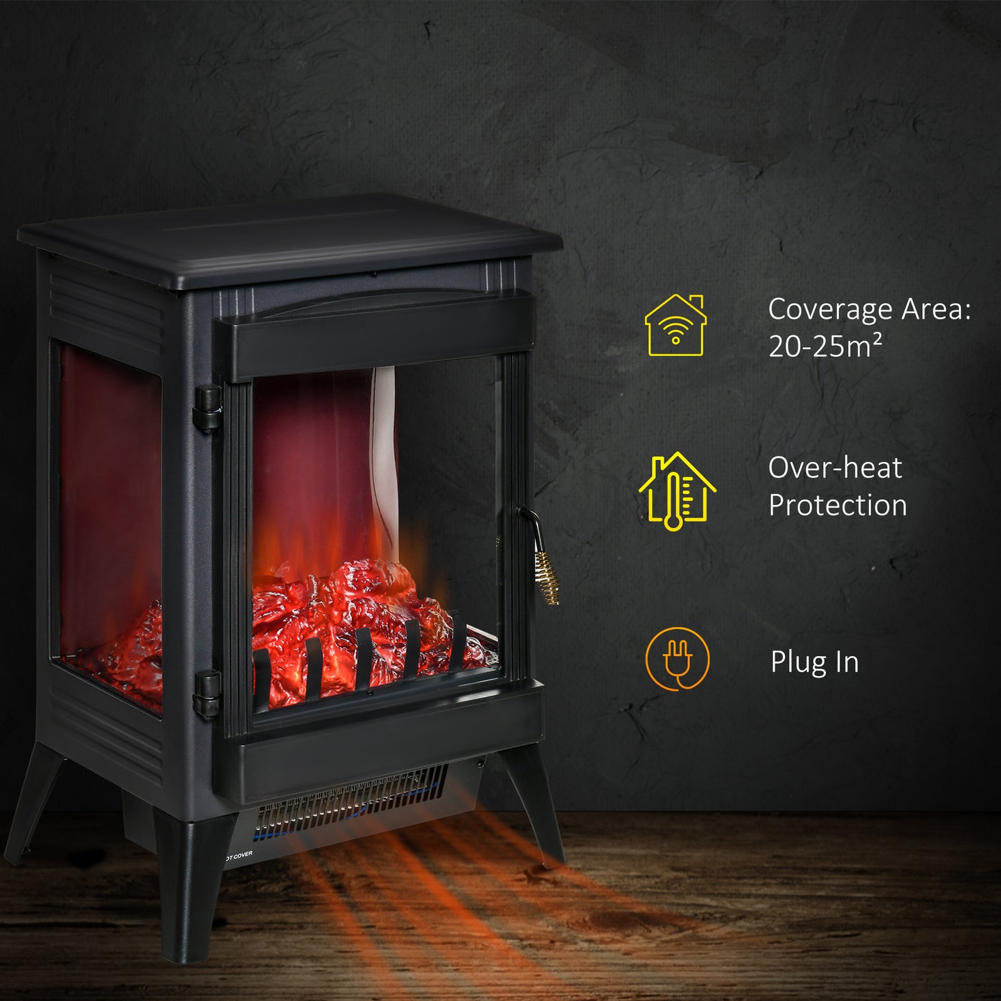 HOMCOM ree standing Electric Fireplace Stove, Fireplace Heater with LED Flame Effect, 3-sided Tempered Glass, Overheat Protection, 1000W/2000W, Black