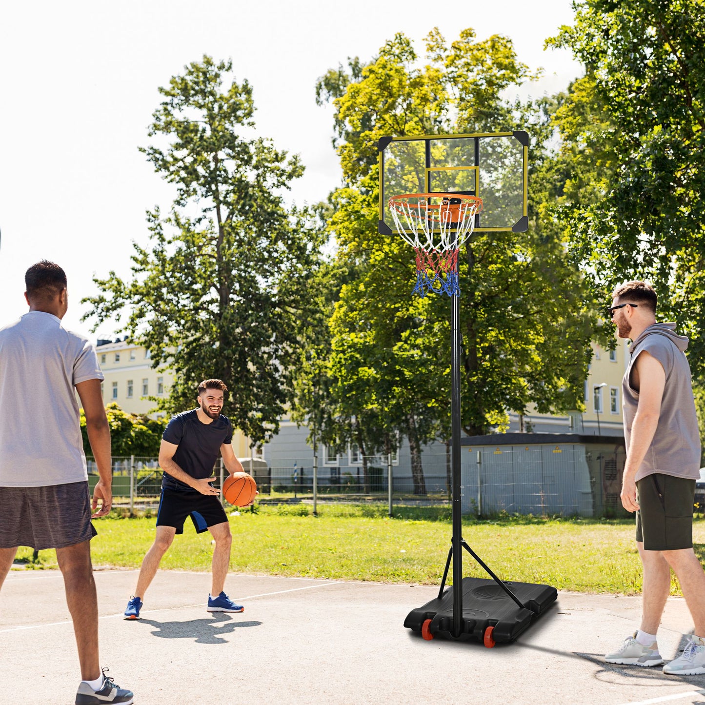 SPORTNOW Height Adjustable Basketball Hoop and Stand with Firm Backboard and Weighted Base, Portable on Wheels, Yellow