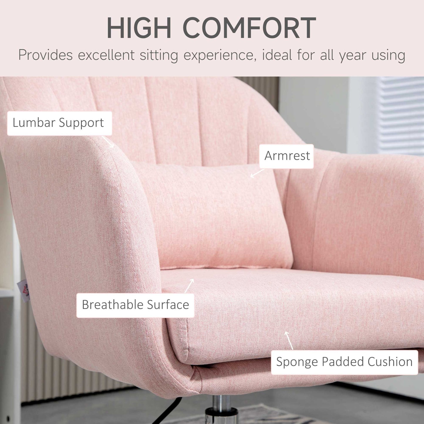 HOMCOM wivel Linen Fabric Accent Chair for Living Room Contemporary Vanity Armchair with Adjustable Height Thick Cushion Lumbar Support Armrest for Bedroom Office Pink