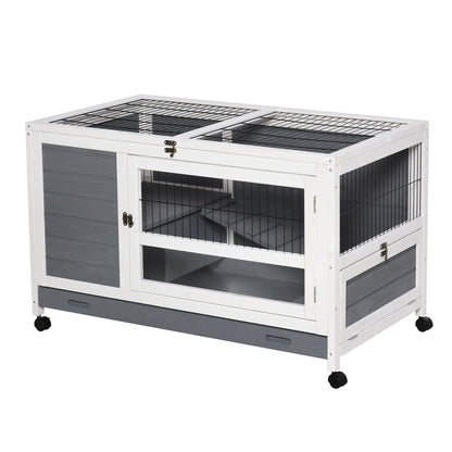 PawHut Indoor Rabbit Hutch Guinea Pig House Wooden Elevated Pet Bunny Cage with Wheels Openable Roof 102 x 60 x 63.5cm Grey