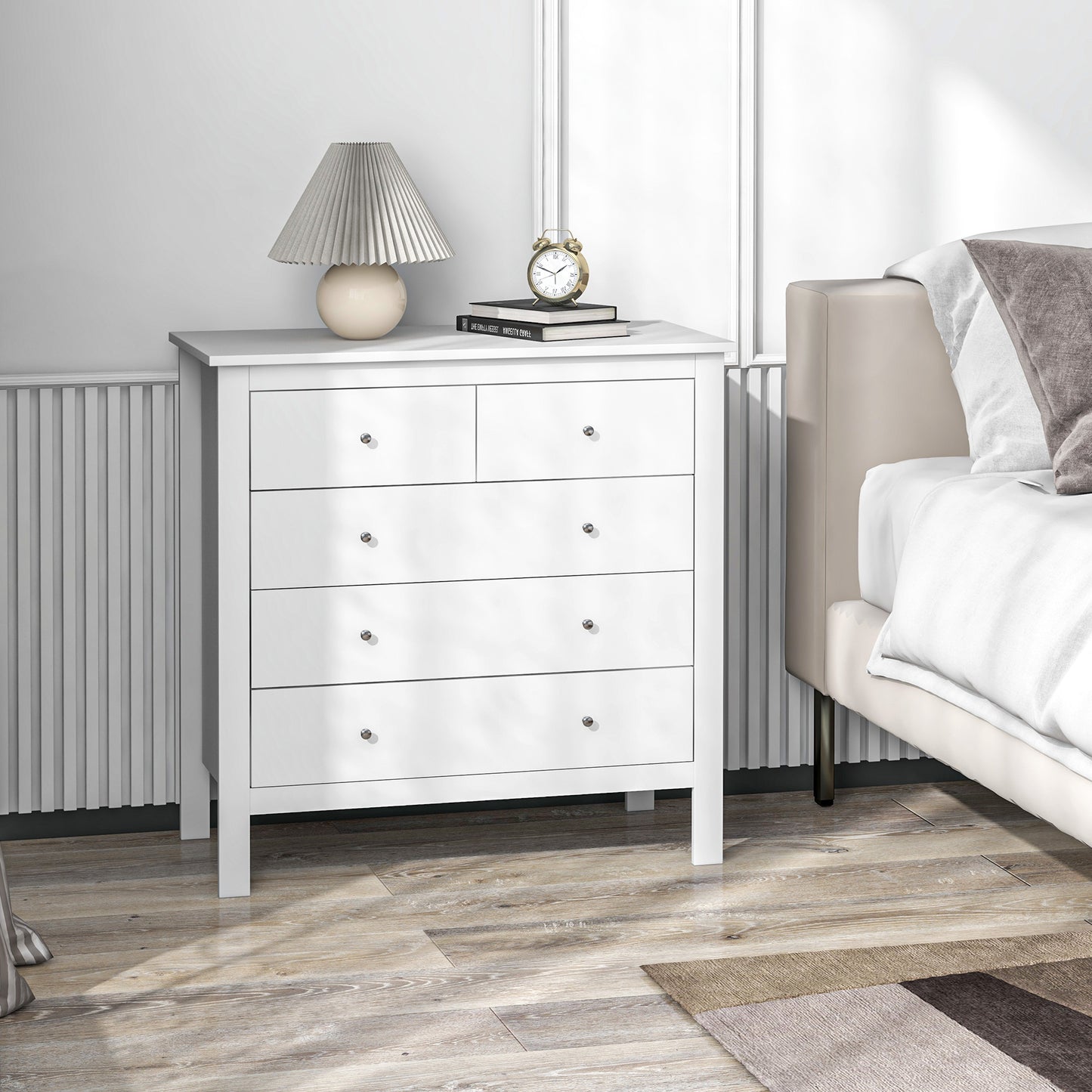 HOMCOM odern Chest of Drawers, 5 Drawer Storage Cabinet with Metal Handles and Runners for Bedroom, White