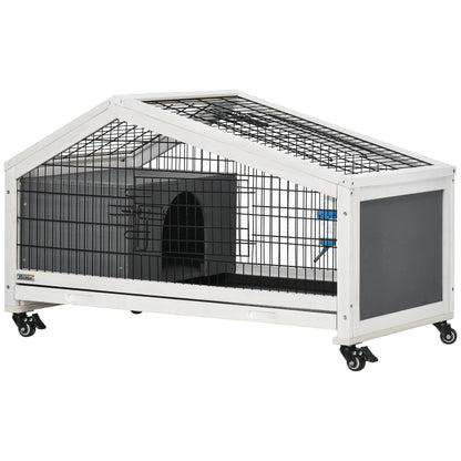 PawHut Rabbit Hutch, Wheeled Rabbit Cage w/ Water Bottle, Plastic Slide-Out Tray - Grey