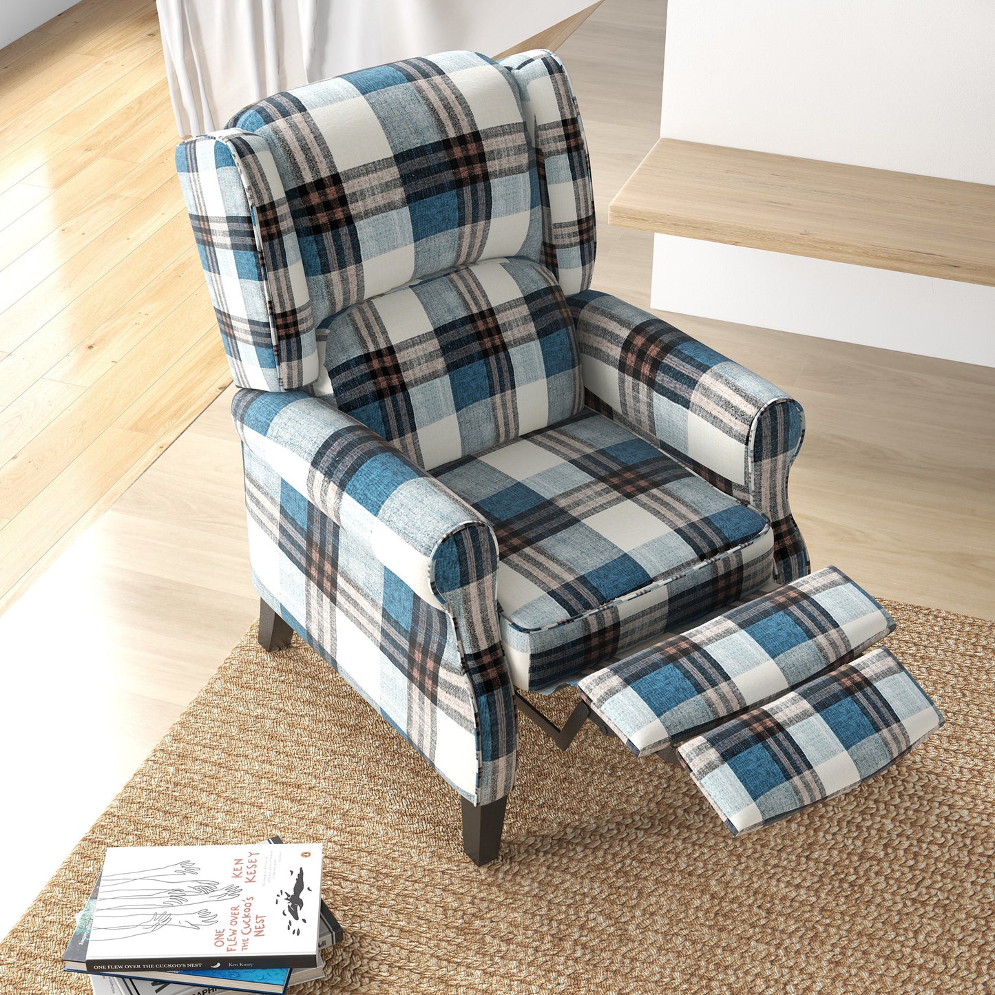 HOMCOM ingback Reclining Chair Push Back Recliner Armchair for Living Room Bedroom with Footrest Armrests Wood Legs Blue