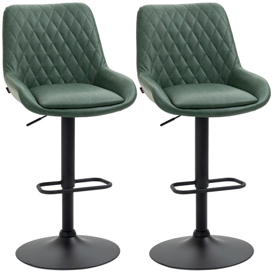 HOMCOM etro Bar Stools Set of 2, Adjustable Kitchen Stool, Upholstered Bar Chairs with Back, Swivel Seat, Green