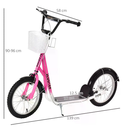 HOMCOM ids Scooter Teen Ride On Children Scooter with Adjustable Handlebar 2 Brakes Basket Cupholder Mudguard 16" Inflatable Rubber Tyres for 5-12 years old Pink