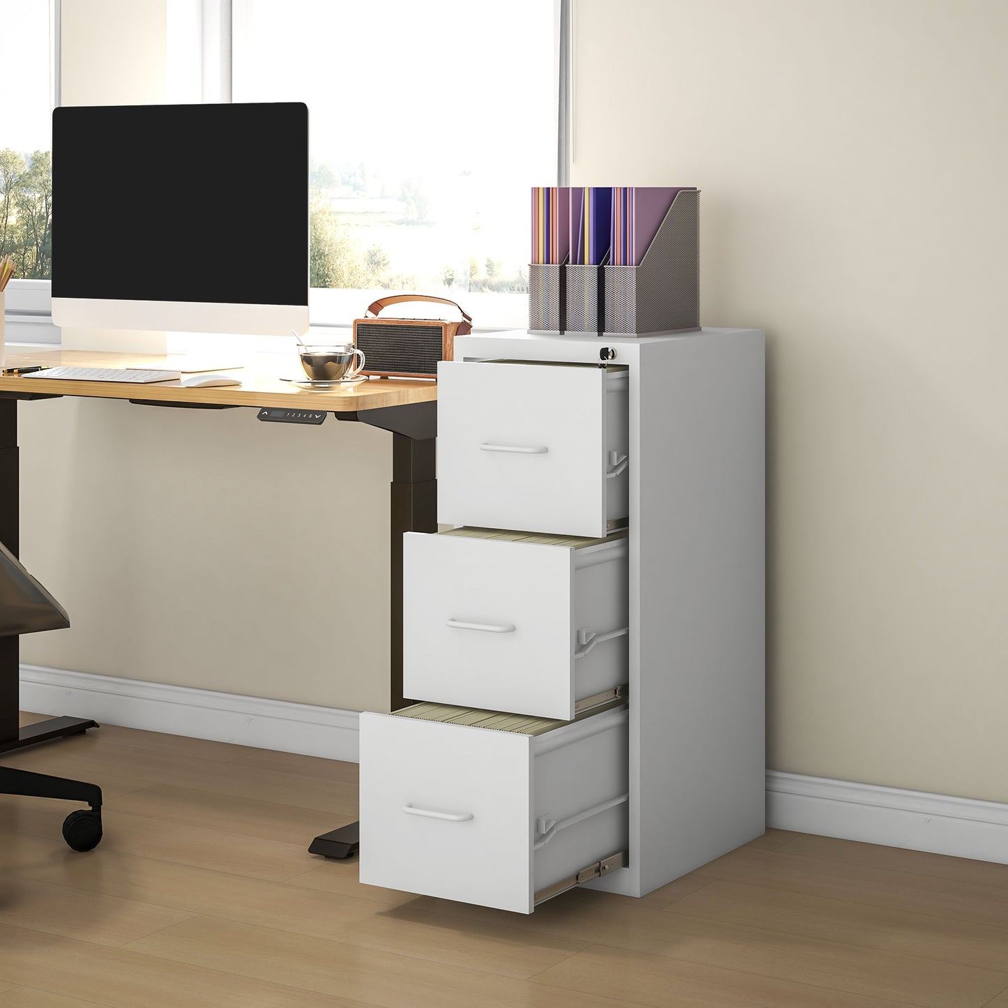 HOMCOM hree-Drawer Modern Steel Filing Cabinet - White