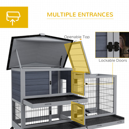 PawHut Portable Rabbit Cage, Rabbit Hutch with Run, Wheels, Three Slide-Out Trays, Ramp, Openable Top for Outdoor Indoor - Grey