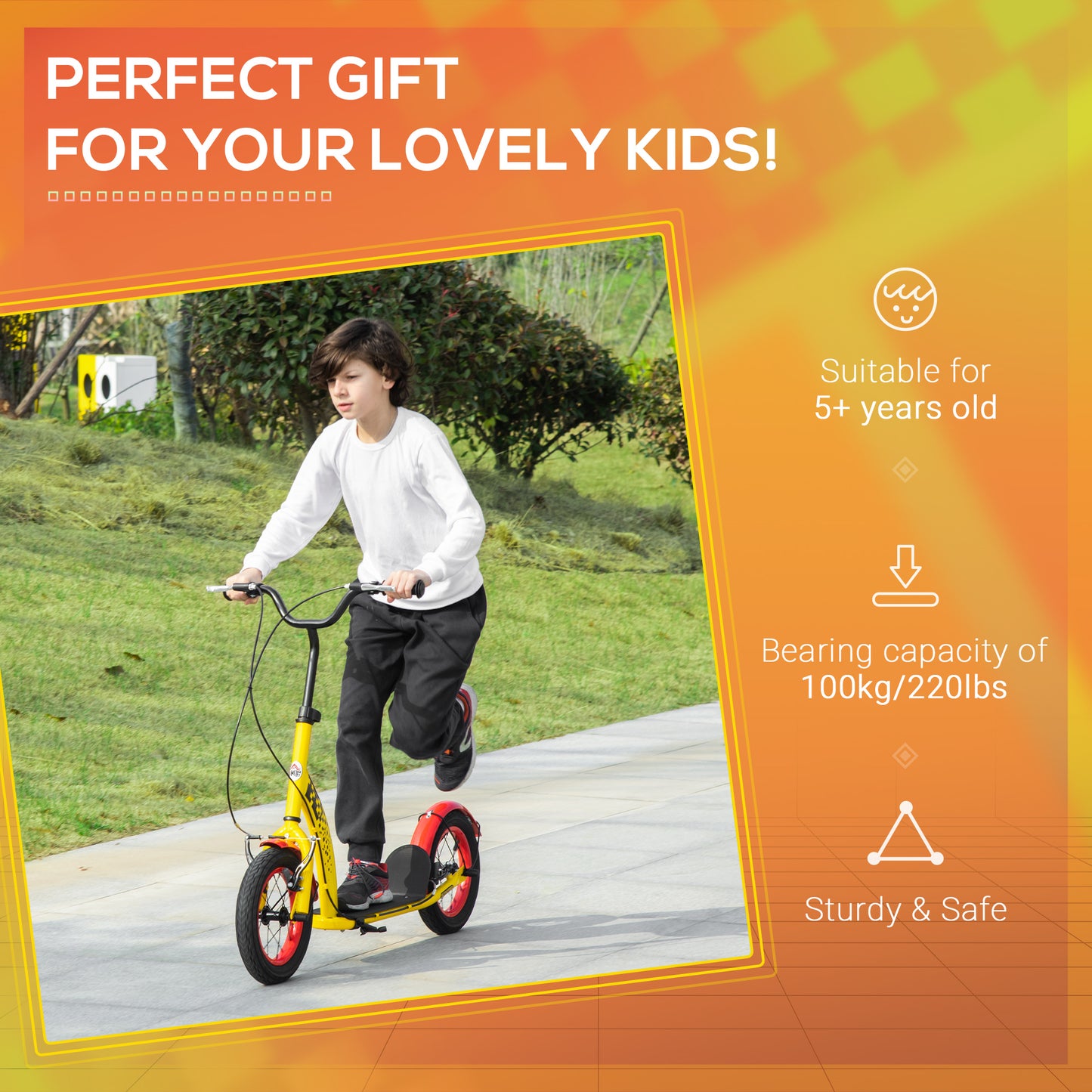 HOMCOM ids Kick Scooter, w/ Adjustable Height, Front Rear Dual Brakes, 12 Inch Inflatable Rubber Wheels, for Ages 5+ Years - Yellow