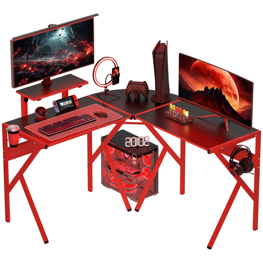 HOMCOM aming Desk L-Shaped Corner Computer Table for Home Office PC Workstations with Adjustable Monitor Stand Cup Holder Headphone Hook 125x125x75cm, Red