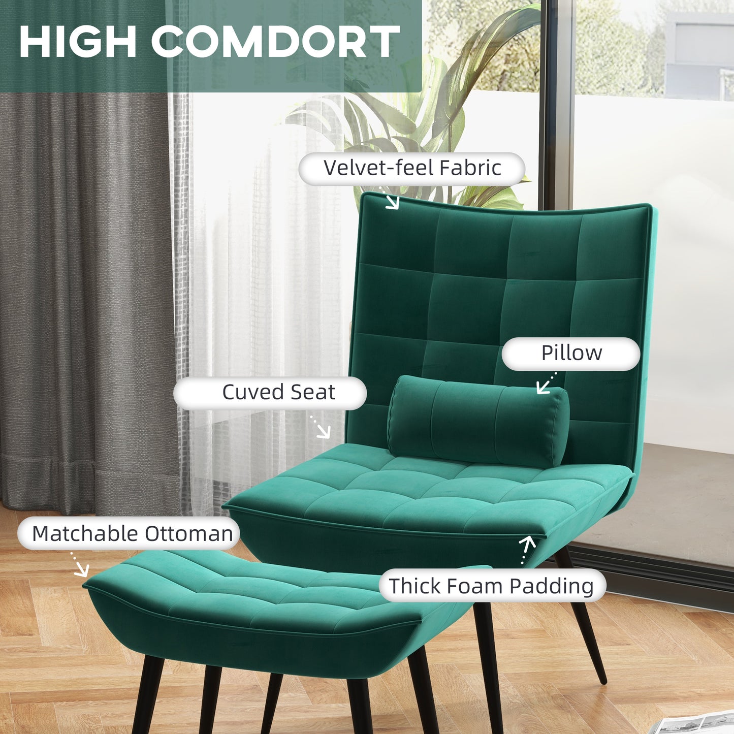 HOMCOM pholstered Accent Chair with Footstool Set, Modern Tufted Armless Chair with Steel Legs for Living Room, Bedroom, Home Study, Green