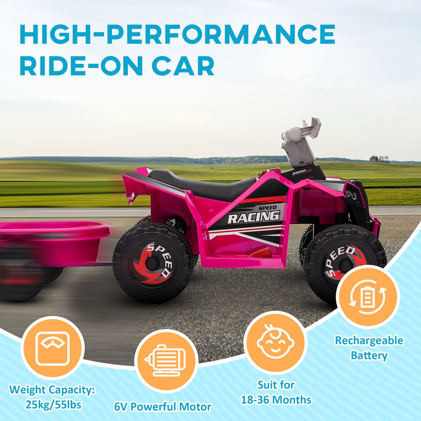 HOMCOM V Quad Bike with Back Trailer, Wear-Resistant Wheels, for Ages 18-36 Months, Pink