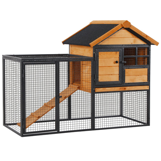 PawHut Rabbit Hutch Guinea Pig Hutch Wood-metal Elevated Guinea Pig House Pet Bunny Cage for Outdoor 122 x 63 x 92cm Light Yellow