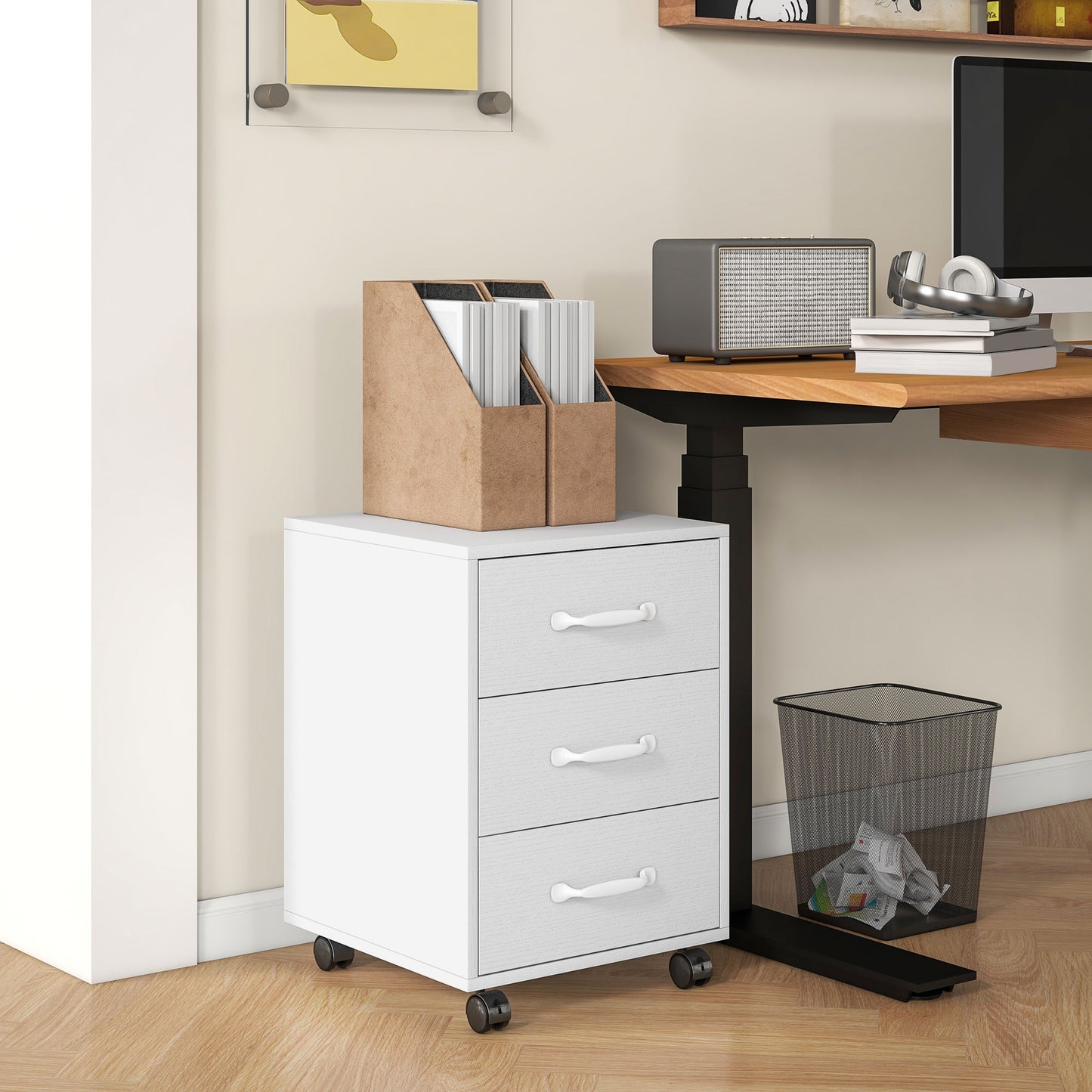 HOMCOM Drawer File Cabinet, Mobile Filing Cabinet on Wheels for Home Office, Study, White