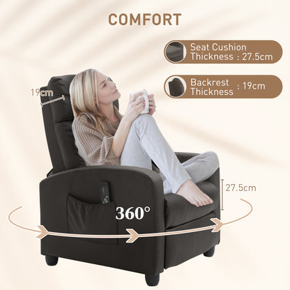 HOMCOM ecliner Armchair, Massage Faux Leather Push Back Reclining Chair with Adjustable Leg Rest, Side Pocket, for Home Living Room Theatre, Brown