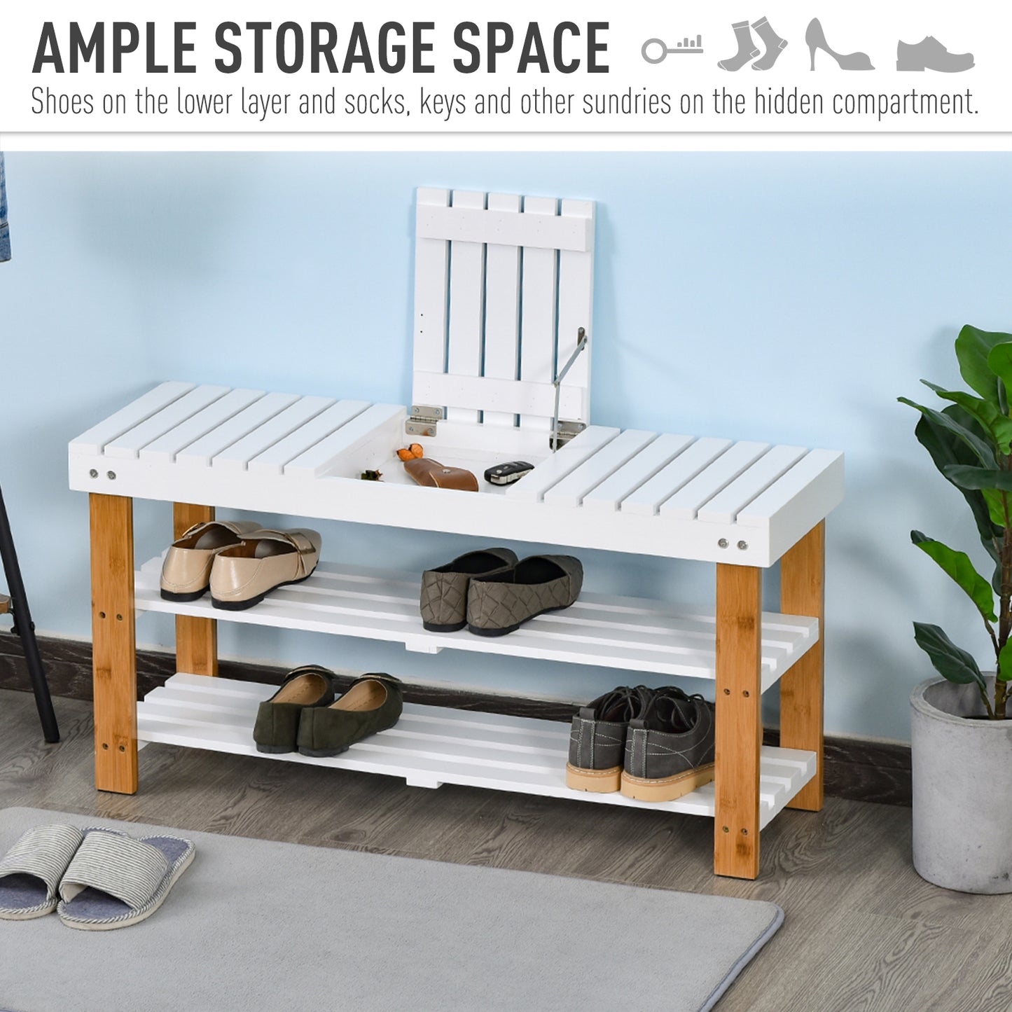 HOMCOM ooden Shoe Bench, with Hidden Storage & Shelves - White & Natural