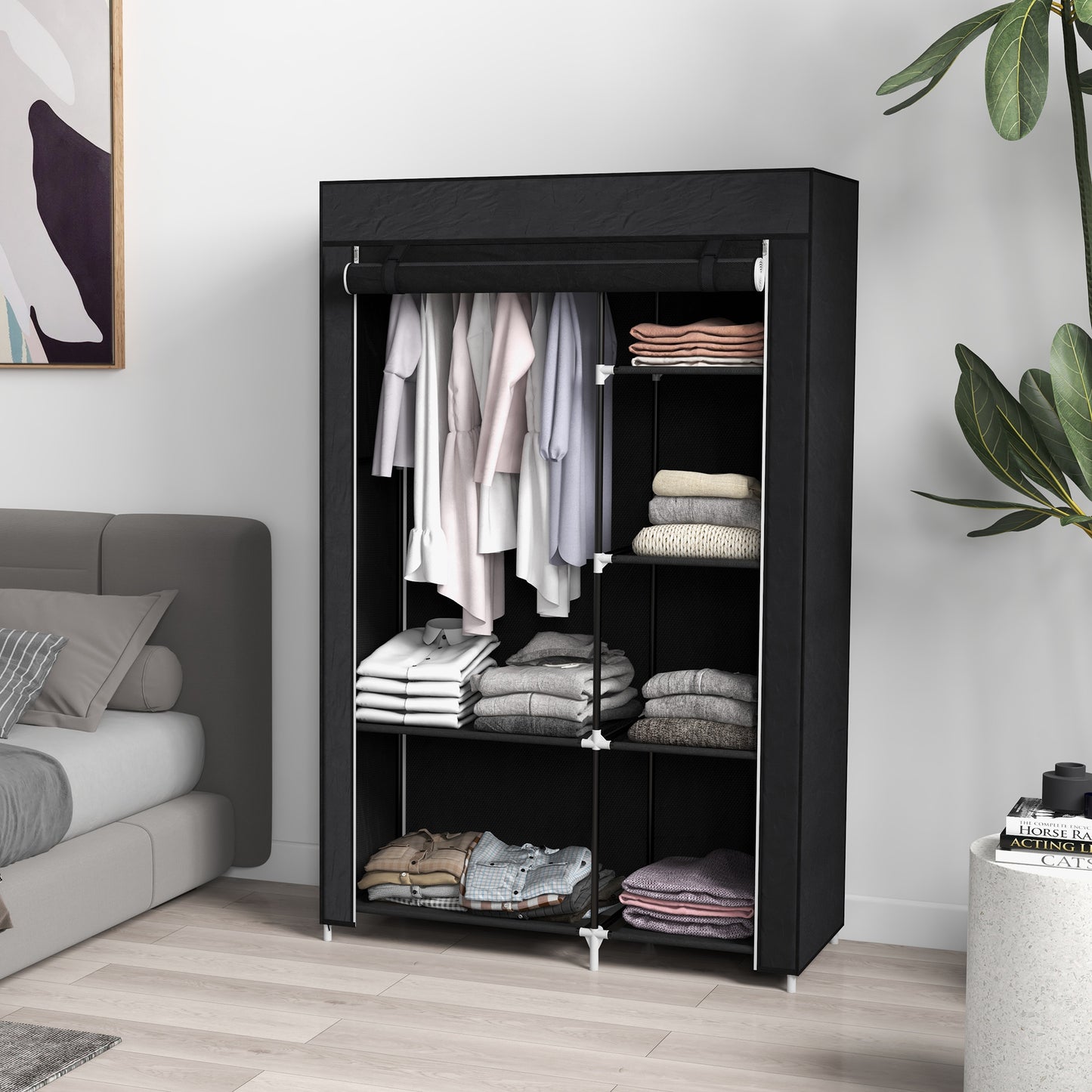 HOMCOM abric Wardrobe, Portable Wardrobe with 6 Shelves, 1 Hanging Rail, Foldable Closets, 103 x 43 x 162.5 cm, Black