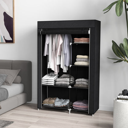 HOMCOM abric Wardrobe, Portable Wardrobe with 6 Shelves, 1 Hanging Rail, Foldable Closets, 103 x 43 x 162.5 cm, Black