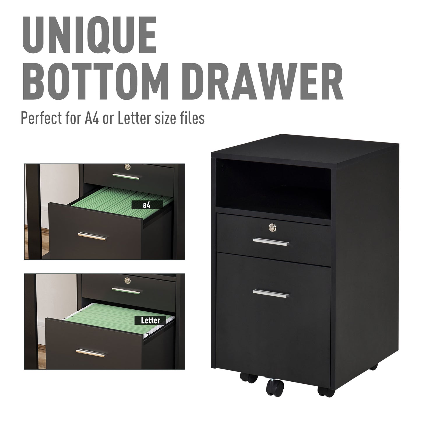 Vinsetto Lockable Two-Drawer Filing Cabinet, with Wheels - Black