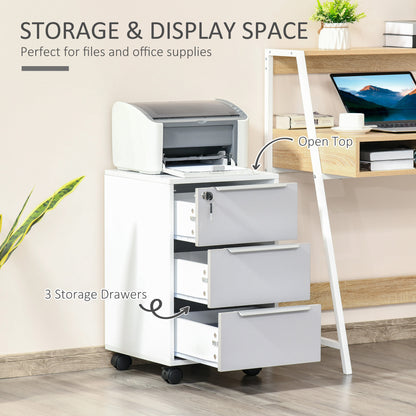 HOMCOM -Drawer Locking File Cabinet Mobile Chest of Drawers Side Table on Wheels for Home Office, Bedroom and Living room