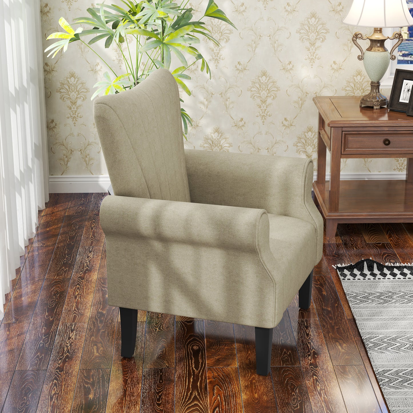 HOMCOM pholstered Accent Chair with High Back, Rolled Arms and Wood Legs, Soft Thick Padded Armchair, Beige