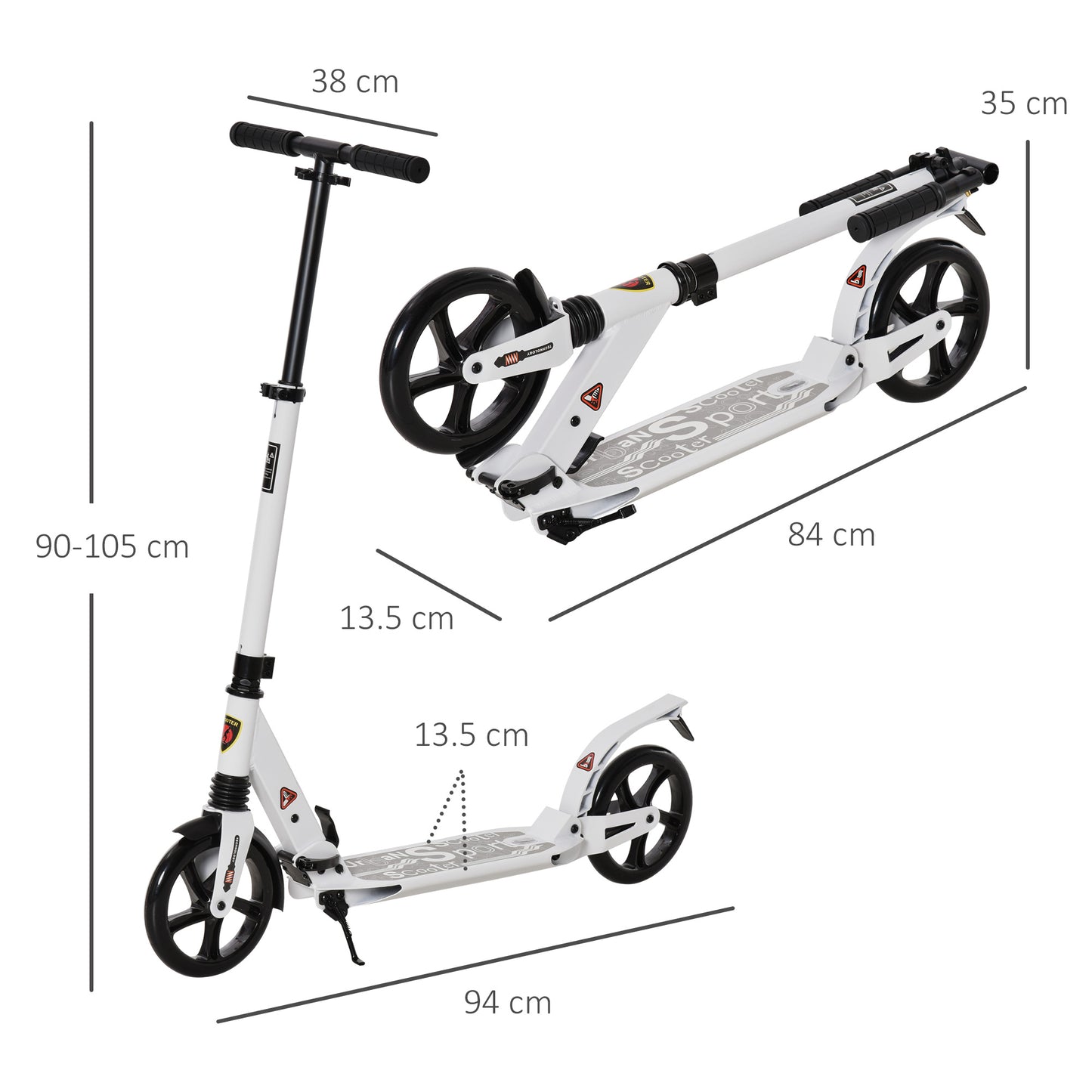 HOMCOM olding Kick Scooter 2 Big Wheels Teens Adult 14+ Adjustable Ride On White