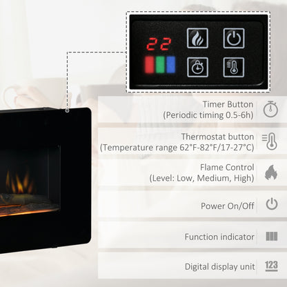 HOMCOM lectric Wall-Mounted Fireplace Heater with Adjustable Flame Effect, Remote Control, Timer, 1800/2000W, Black