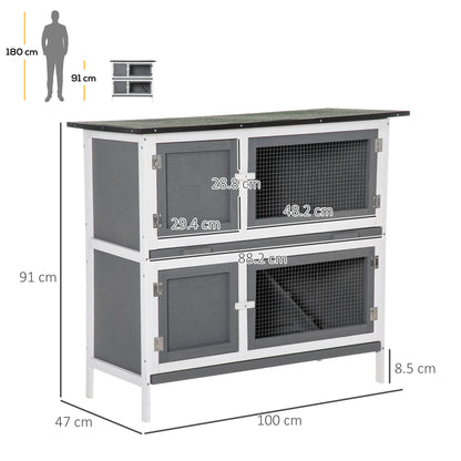 PawHut Double Decker Rabbit Hutch 2 Tier Guinea Pig House Pet Cage Outdoor with Sliding-out Tray Asphalt Roof Ramp, 100x47x91cm, Grey